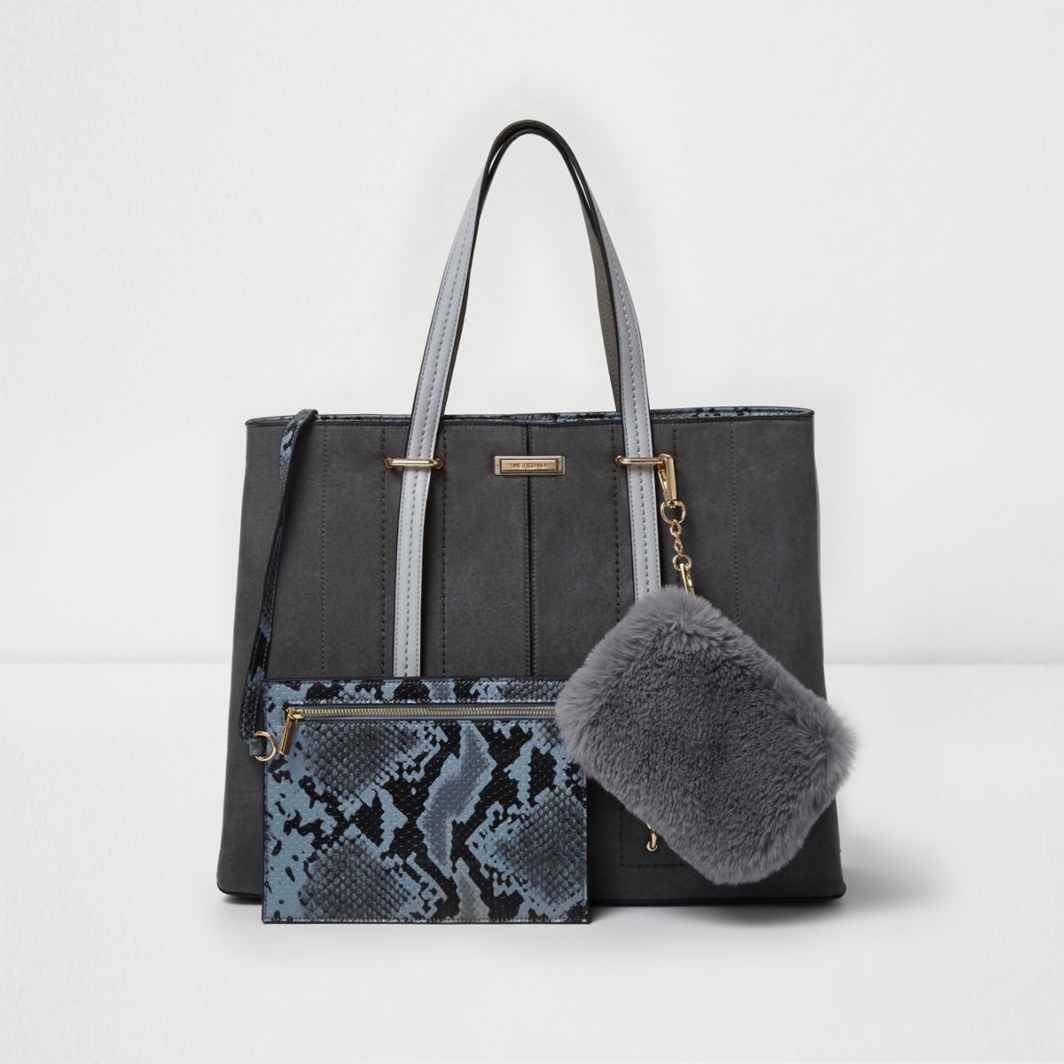 Grey large tote bag and snakeskin pouchette - Shopper & Tote Bags - Bags & Purses - women