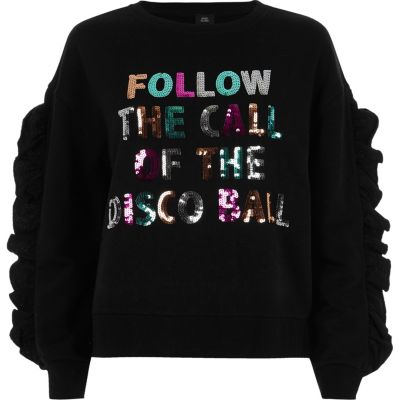Zwart sweatshirt met 'Disco ball'-print, lovertjes en ruches