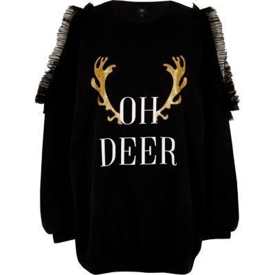 Schwarzer Weihnachtspullover „Oh deer“