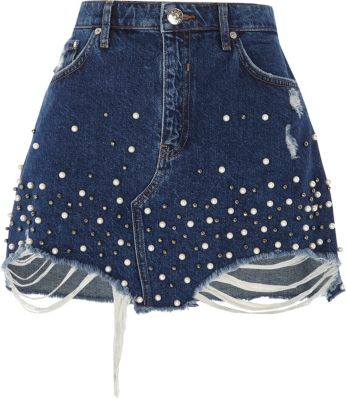 Blauer Minirock mit Kunstperlenverzierung