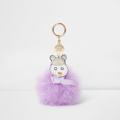 Sleutelhanger met paarse pompon, veer en sneeuwman