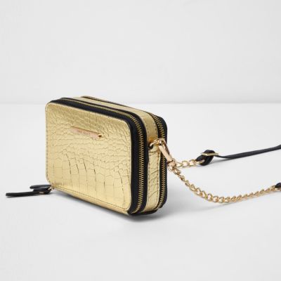 Gold metallic croc cross body chain bag