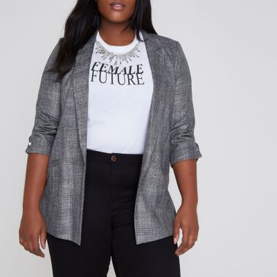 RI Plus - Grijze geruite lange blazer met pin in de manchetten