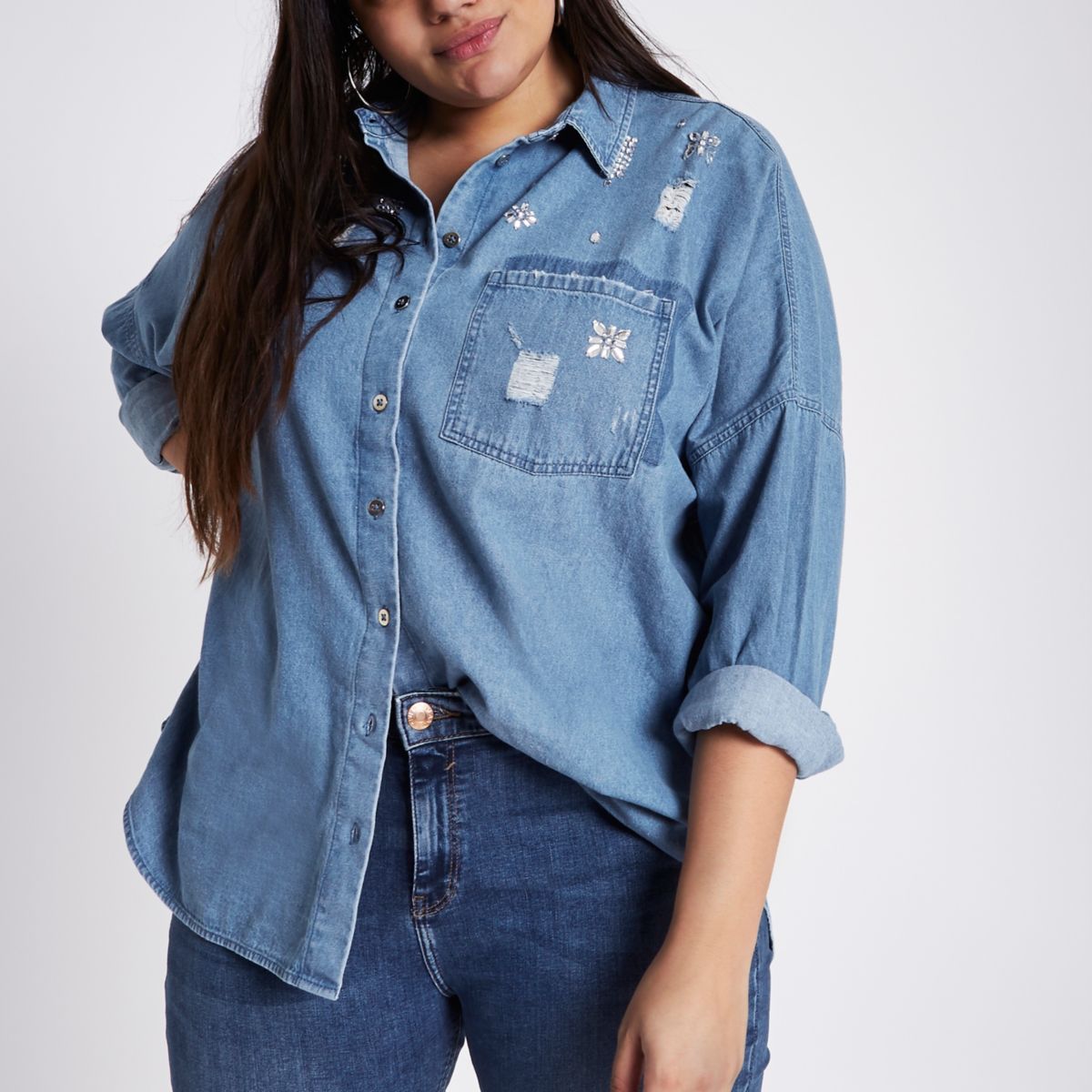 Plus blue embellished denim shirt - Shirts - Tops - women