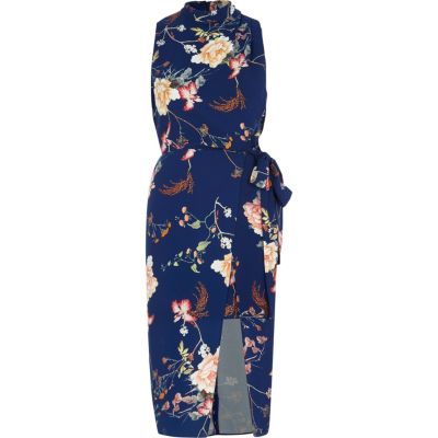 River Island Blauwe hoogsluitende midi-jurk met overslag en bloemenprint