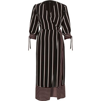 Burgundy stripe waisted wrap front midi dress