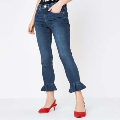 Petite – Amelie – Blaue Super Skinny Jeans mit Rüschen