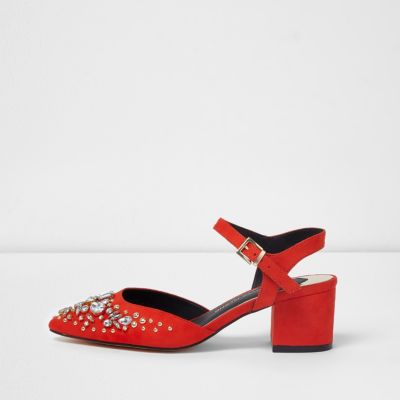 Red embellished pointed block heel shoes