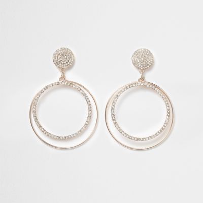 Rose gold tone pave hoop drop earrings