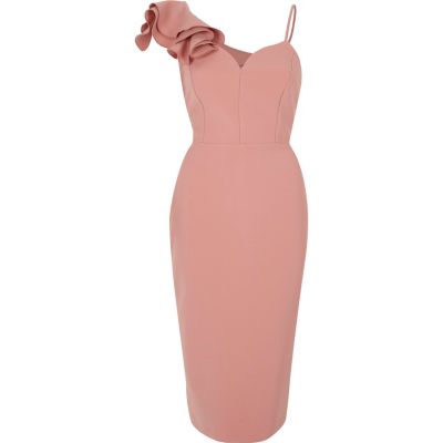 River Island Lichtroze bodycon midi-jurk met ruches op de schouder