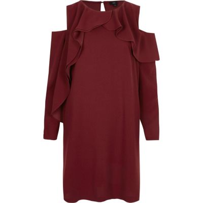 Robe trapèze rouge foncé à épaules dénudées et volant