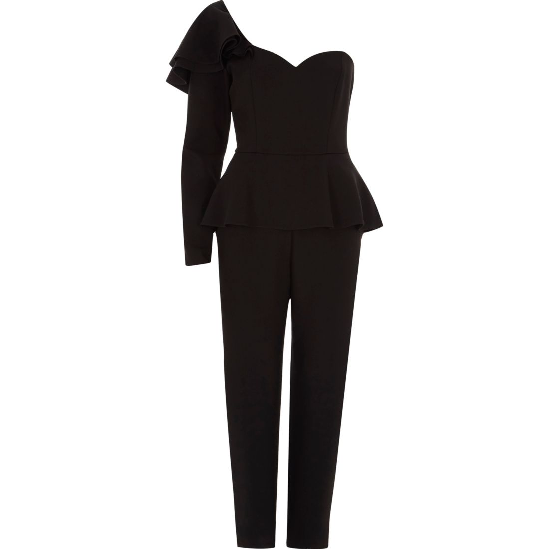 Black frill shoulder peplum jumpsuit