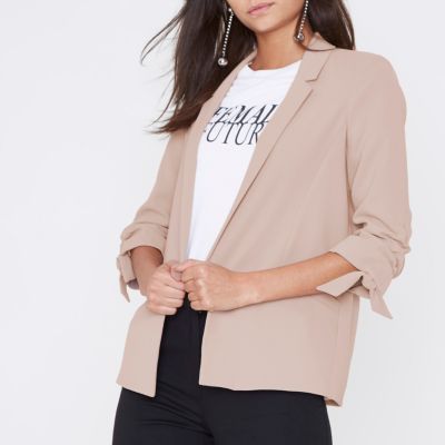 Beige ruched tie sleeve blazer