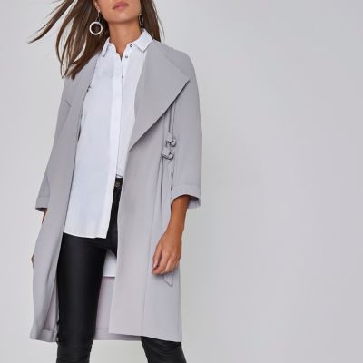 Light grey D-ring tie sides duster coat