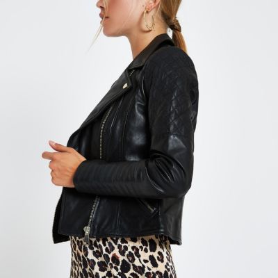 Black leather quilted biker jacket