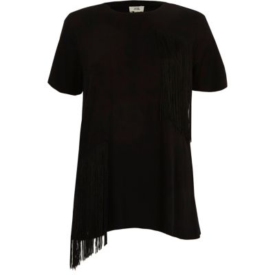 Zwart T-shirt met korte mouwen en ruches