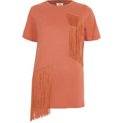 Coral short sleeve fringed longline T-shirt