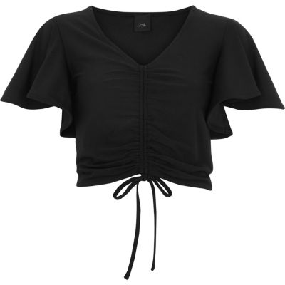 Black ruched front crop top