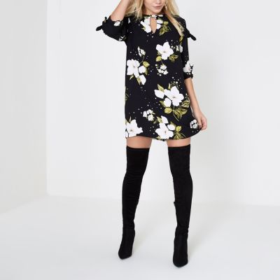 Petite – Robe droite à fleurs noire et nœuds aux manches