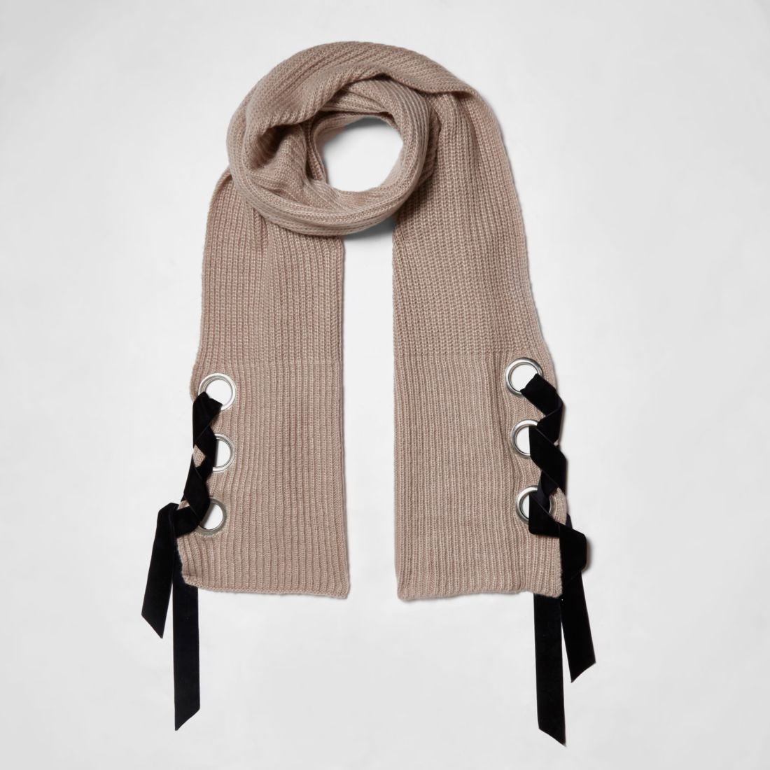 Beige eyelet tie-up ribbed scarf