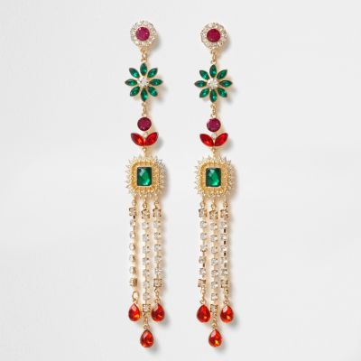 Gold tone multi colour gem dangle earrings