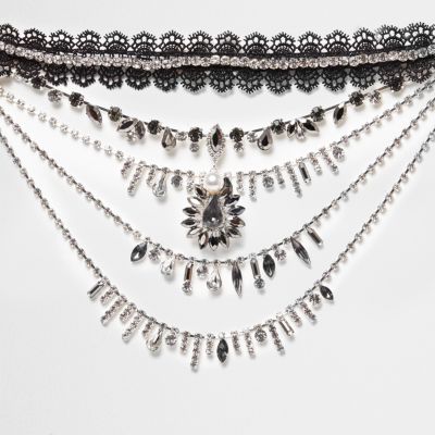 Black lace choker jewel drape necklace