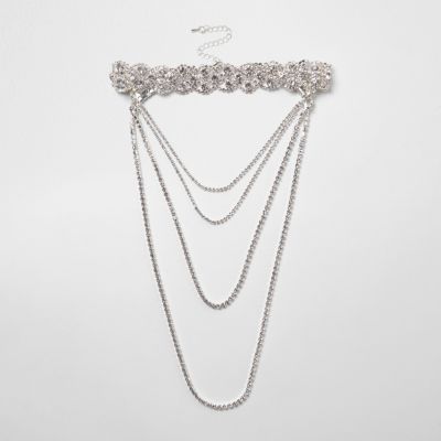 Silver tone scallop diamante multi row choker
