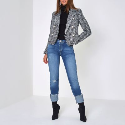 Black faux pearl embellished boucle jacket