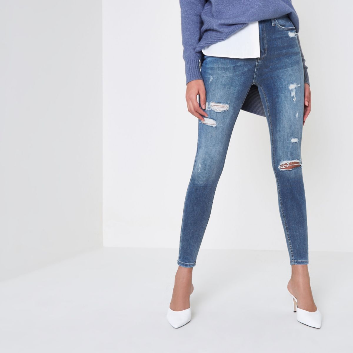blue high waisted skinny ripped jeans