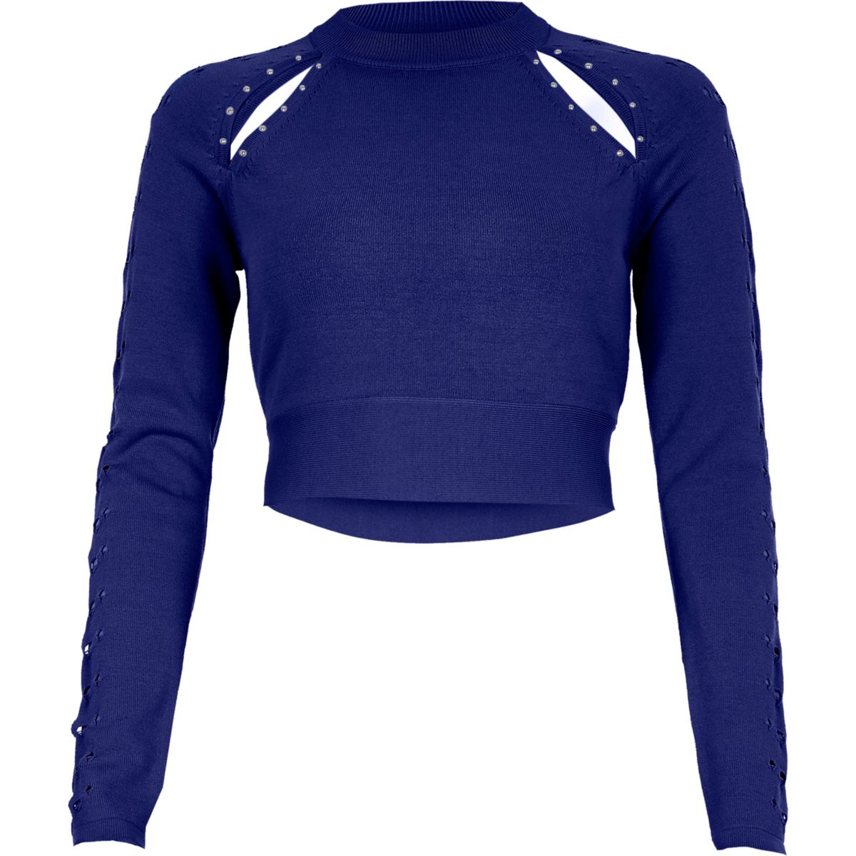  Bright  blue cut out cropped long  sleeve  top Tops  Sale 