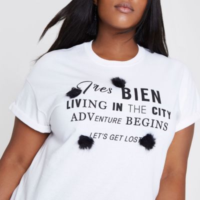 Plus white 'tres bien' pom pom T-shirt