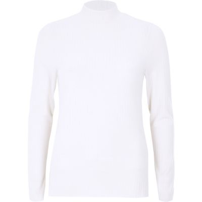 Cream ribbed high neck long sleeve top
