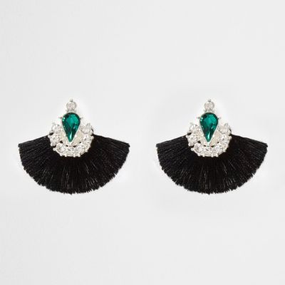 Black tassel fan gem diamante earrings