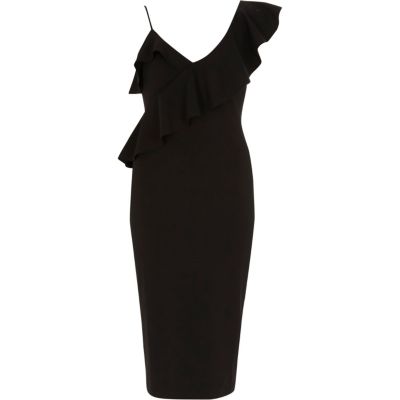 Robe mi-longue ajustée noire à volants