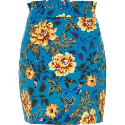 Mini-jupe imprimé fleuri bleue à taille plissée