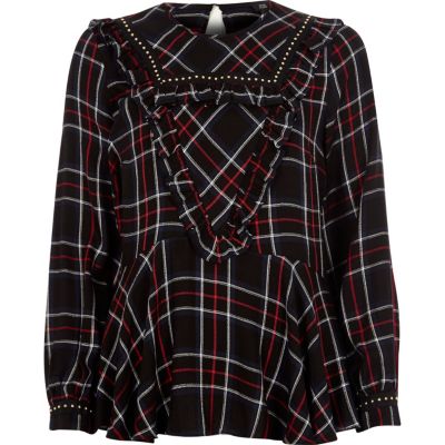 Navy check frill studded peplum blouse