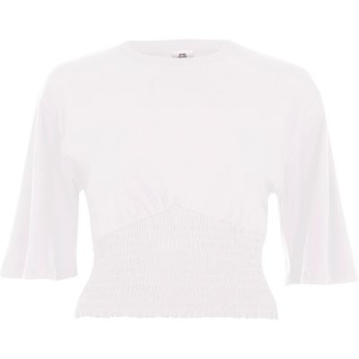 White shirred hem wide sleeve crop top