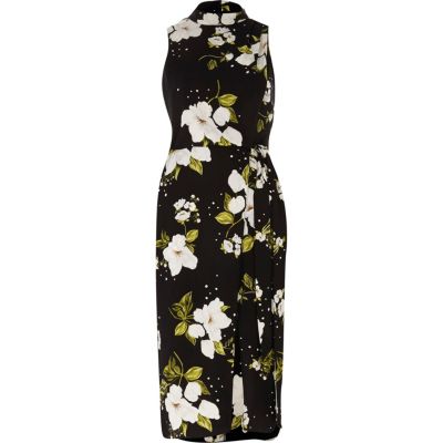Robe portefeuille mi-longue à fleurs noire à col montant
