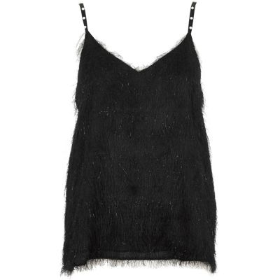 Black fringed faux pearl strap cami top