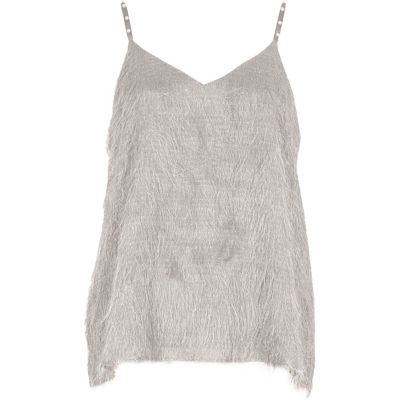 Grey fringed faux pearl strap cami top