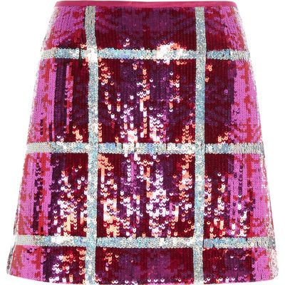 Mini-jupe à carreaux et sequins rose vif