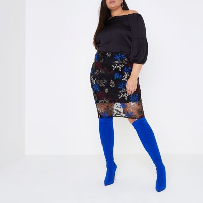 Plus – Jupe crayon noire à broderie florale