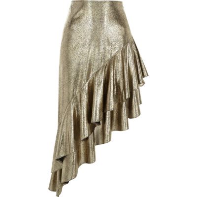 Gold metallic asymmetric frill hem skirt