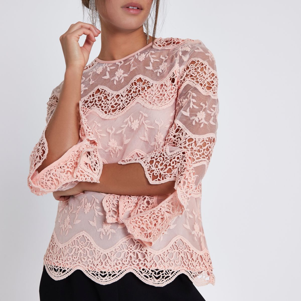 Light Pink Lace Long Sleeve Top Blouses Tops Women 