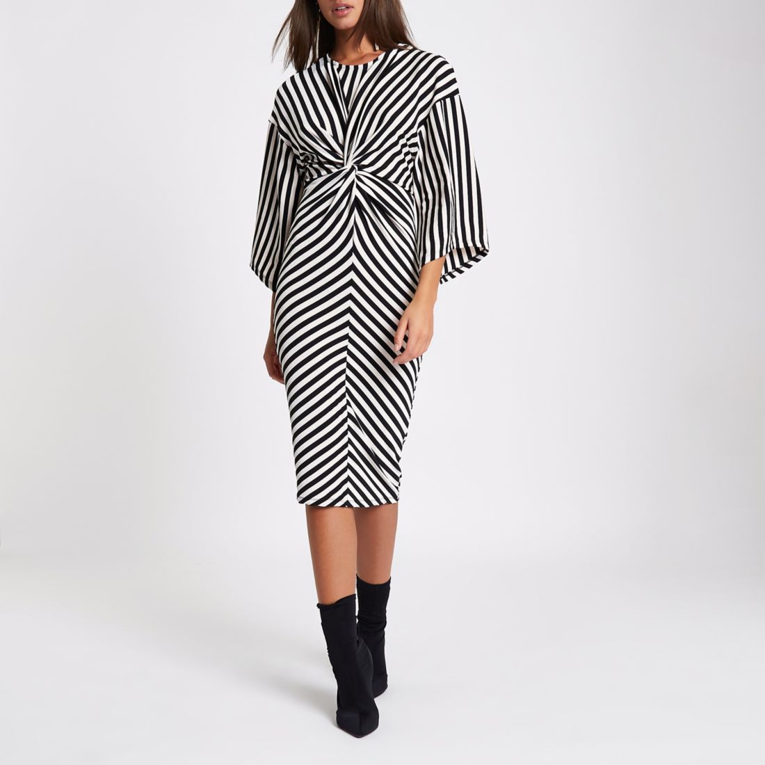 Black stripe twist front bodycon midi dress