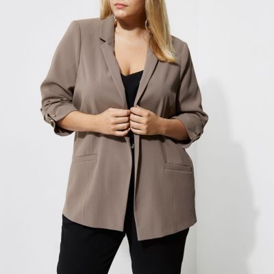 RI Plus - Mink en grijze lange blazer met staafje aan de manchetten