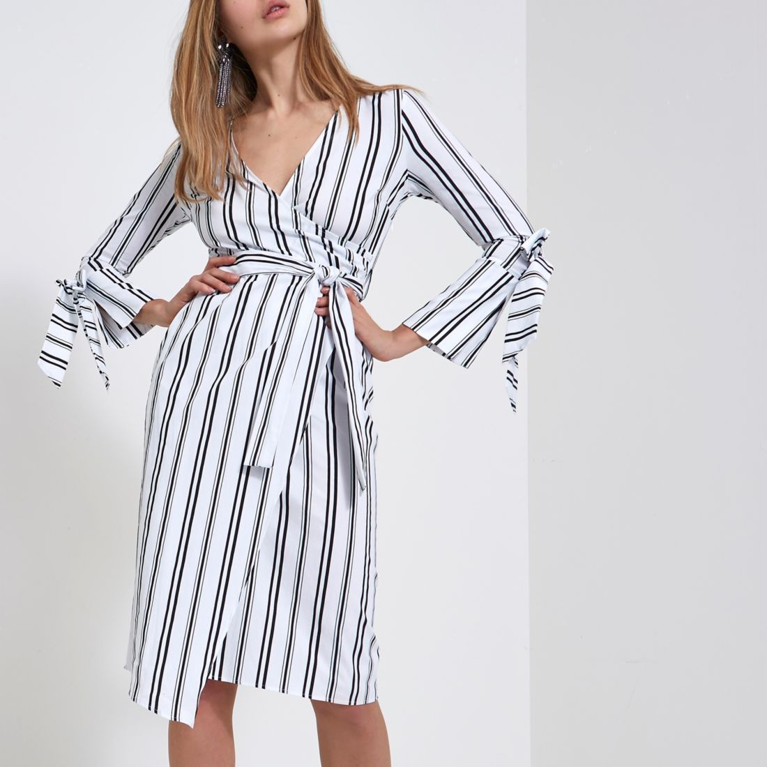 White stripe wrap front midi dress