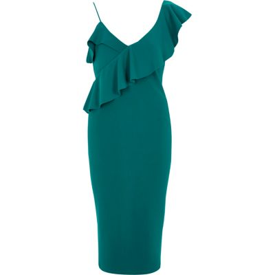 River Island Groene midi-bodyconjurk met ruches op de schouder