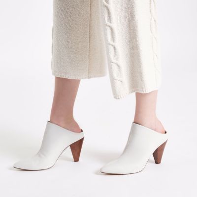 White pointed toe cone heel mules