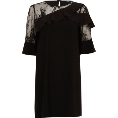 Robe trapèze asymétrique en dentelle noire à volants